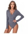 Women's Long Sleeve Bodysuit Tops Wrap V Neck Ribbed Knit Jumpsuit Navy Blue $14.83 Bodysuits